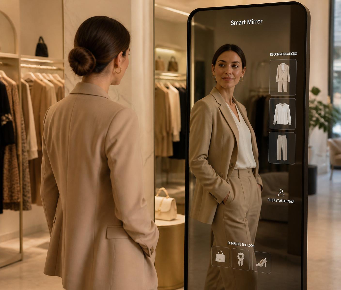 Shopper in a boutique interacting with a Nova6 Aura smart mirror